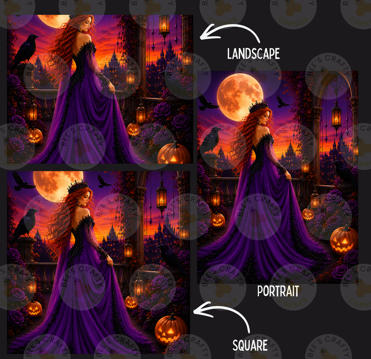 The image is a collage of four pictures depicting a woman in a purple dress standing in front of a castle at night. The collage includes three smaller images of the same scene and a larger image of the same scene, all set against a backdrop of a full moon and jack-o-lanterns.