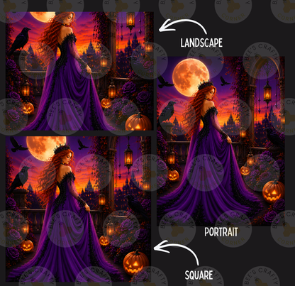 The image is a collage of four pictures depicting a woman in a purple dress standing in front of a castle at night. The collage includes three smaller images of the same scene and a larger image of the same scene, all set against a backdrop of a full moon and jack-o-lanterns.