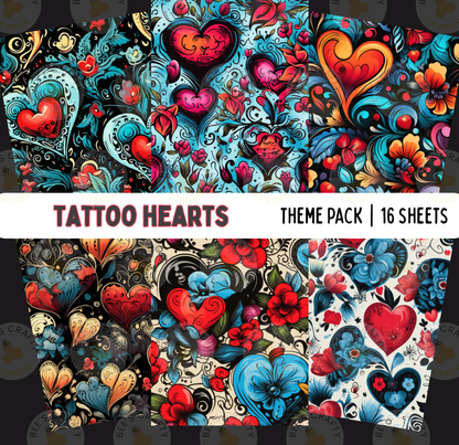 The image is a vibrant and colorful collage of various heart-themed designs, including floral patterns, abstract shapes, and stylized hearts in different sizes and colors. The collage is titled "TATTOO HEARTS" and includes a theme pack of 16 sheets, showcasing a diverse range of heart-inspired artwork.