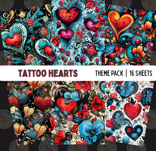 The image is a vibrant and colorful collage of various heart-themed designs, including floral patterns, abstract shapes, and stylized hearts in different sizes and colors. The collage is titled "TATTOO HEARTS" and includes a theme pack of 16 sheets, showcasing a diverse range of heart-inspired artwork.