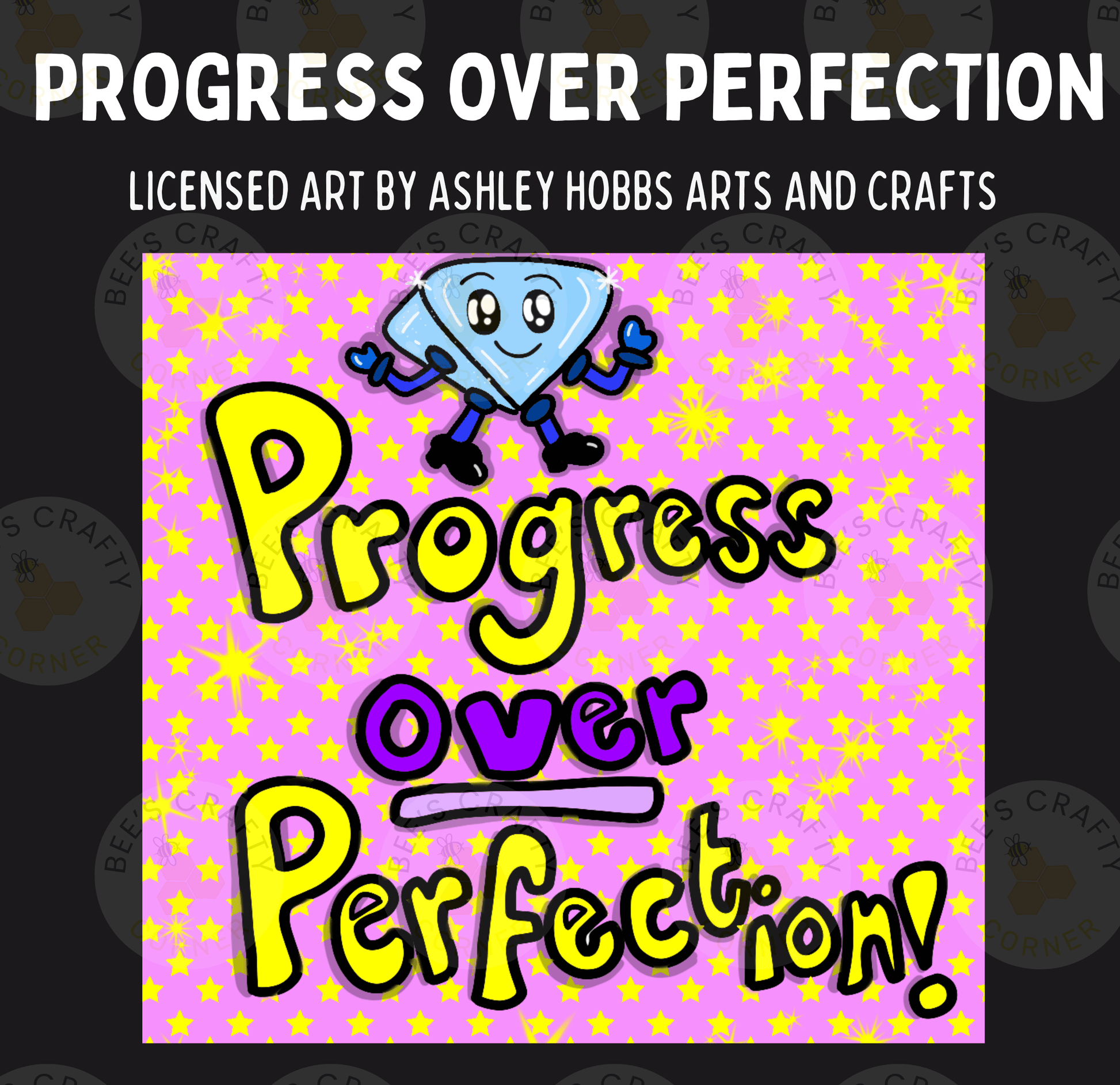 The image is a colorful poster with a cartoon character and the text "Progress over Perfection!" The poster has a pink background with yellow stars and the text "Progress over Perfection!" written in a playful font.