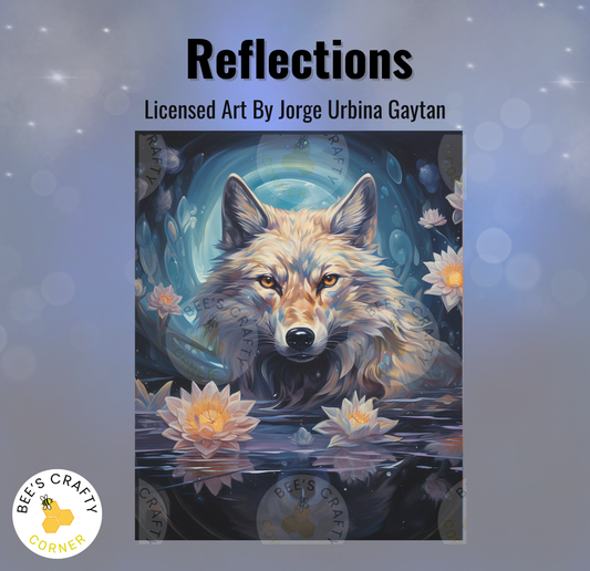 a painting of a wolf in a pond of water