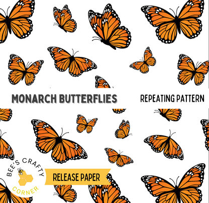 a repeating pattern of orange and black butterfly silhouettes against a white background.