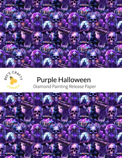 The image is a repeating pattern of purple skulls and spiders against a dark purple background.