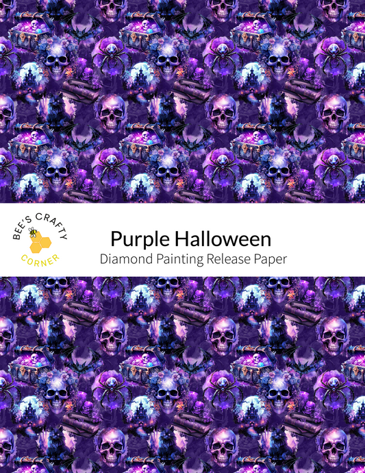 The image is a repeating pattern of purple skulls and spiders against a dark purple background.