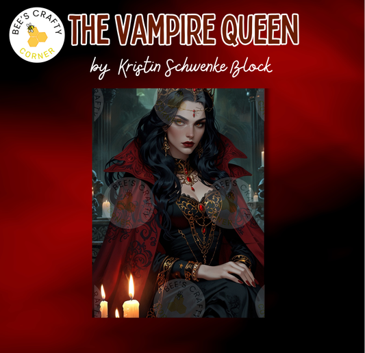 The image is a digital illustration featuring a woman dressed in a dark, ornate costume with a red cape, sitting in a dimly lit room with candles and a skull decoration in the background.