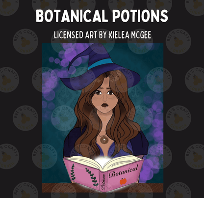 The image is a digital illustration featuring a woman with long brown hair wearing a blue witch's hat, holding a book titled "Botanical Potions".
