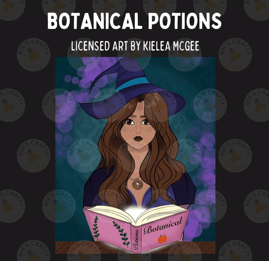 The image is a digital illustration featuring a woman with long brown hair wearing a blue witch's hat, holding a book titled "Botanical Potions".