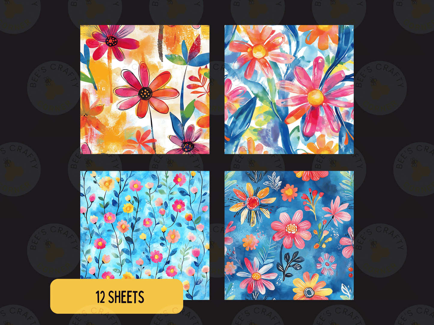 four different floral patterns, each with a unique color scheme and design. The patterns include a variety of flowers, such as daisies, roses, and sunflowers, arranged in a visually appealing manner. The image is a collage of four separate images, showcasing the diversity and creativity of the floral designs.