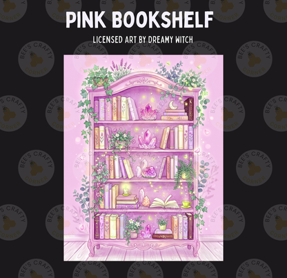 The image is a vibrant illustration of a pink bookshelf filled with an array of books, plants, and crystals, set against a pink background with a repeating pattern of the text "PINK BOOKSHELF" and "LICENSED ART BY DREAMY WITCH" in the top corners.