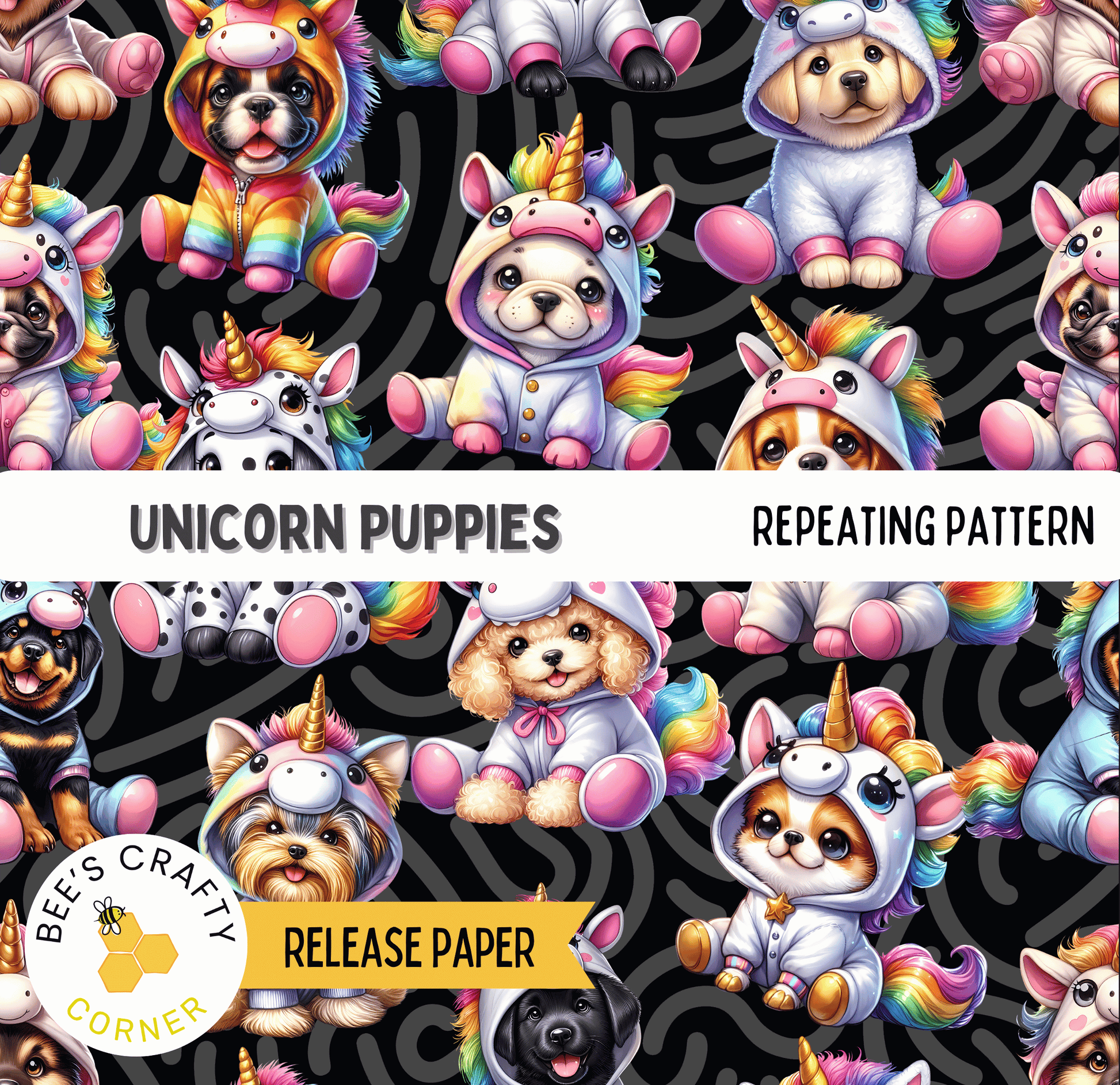 The image is a repeating pattern of various cute and colorful puppies wearing unicorn costumes.