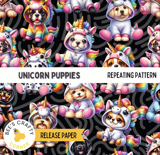 The image is a repeating pattern of various cute and colorful puppies wearing unicorn costumes.