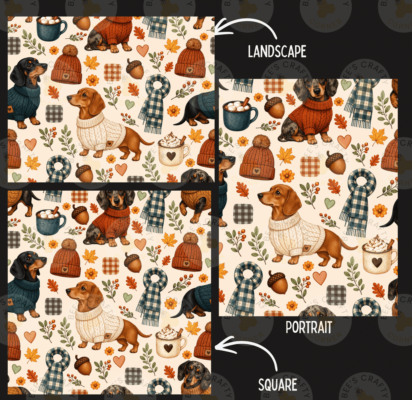 a repeating pattern of various dog illustrations, including dachshunds, poodles, and other breeds, along with various fall-themed items such as hats, scarves, and mugs. The pattern is divided into three sections, each labeled with the terms 'Landscape', 'Portrait', and 'Square'.
