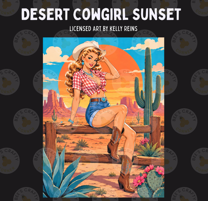 The image is a vibrant illustration of a woman in a cowboy hat and denim outfit, sitting on a wooden fence in a desert landscape with cacti and a cactus in the foreground.