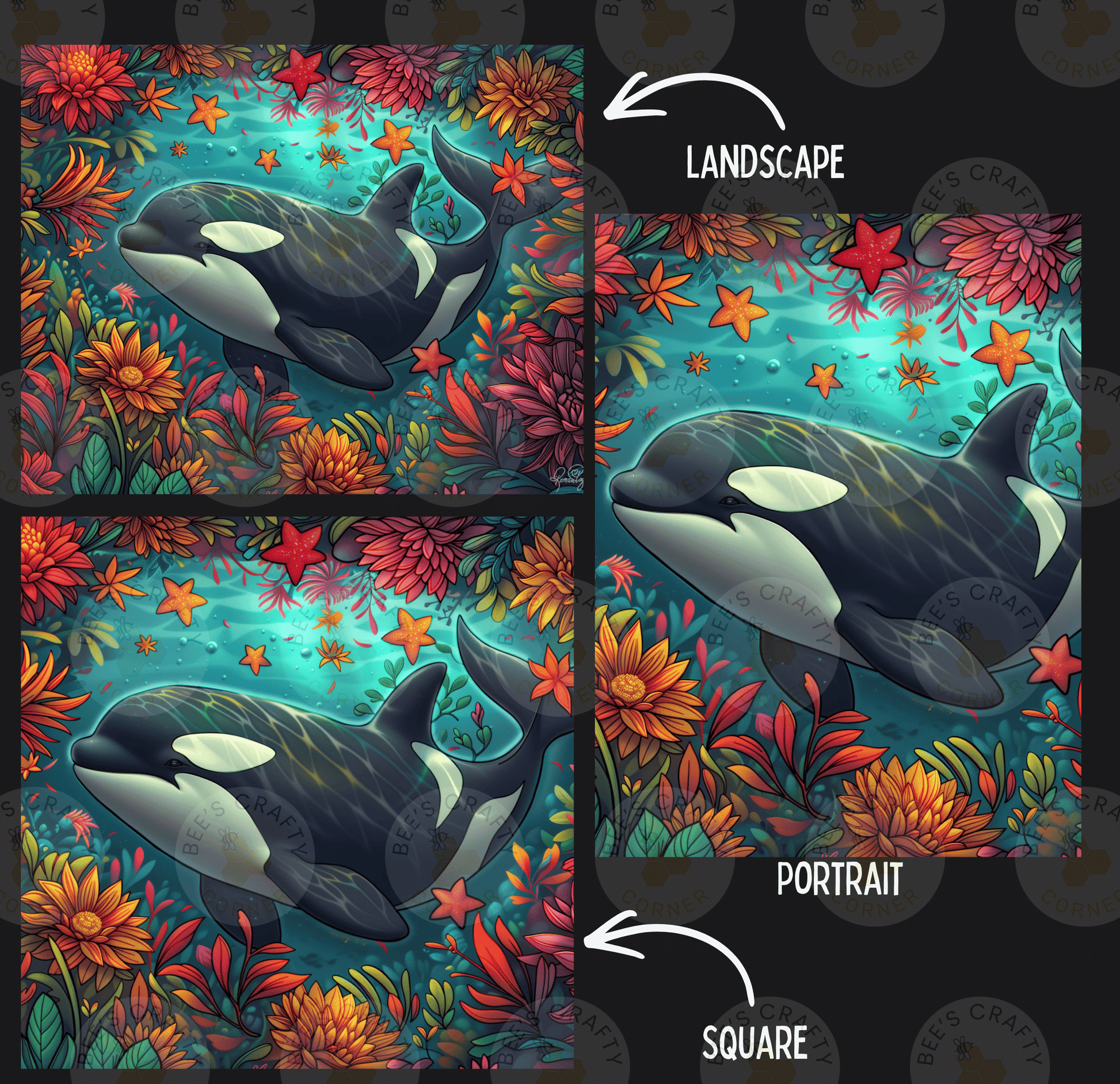 The image is a collage of three pictures depicting a whale surrounded by a vibrant underwater landscape with colorful flowers and starfish.