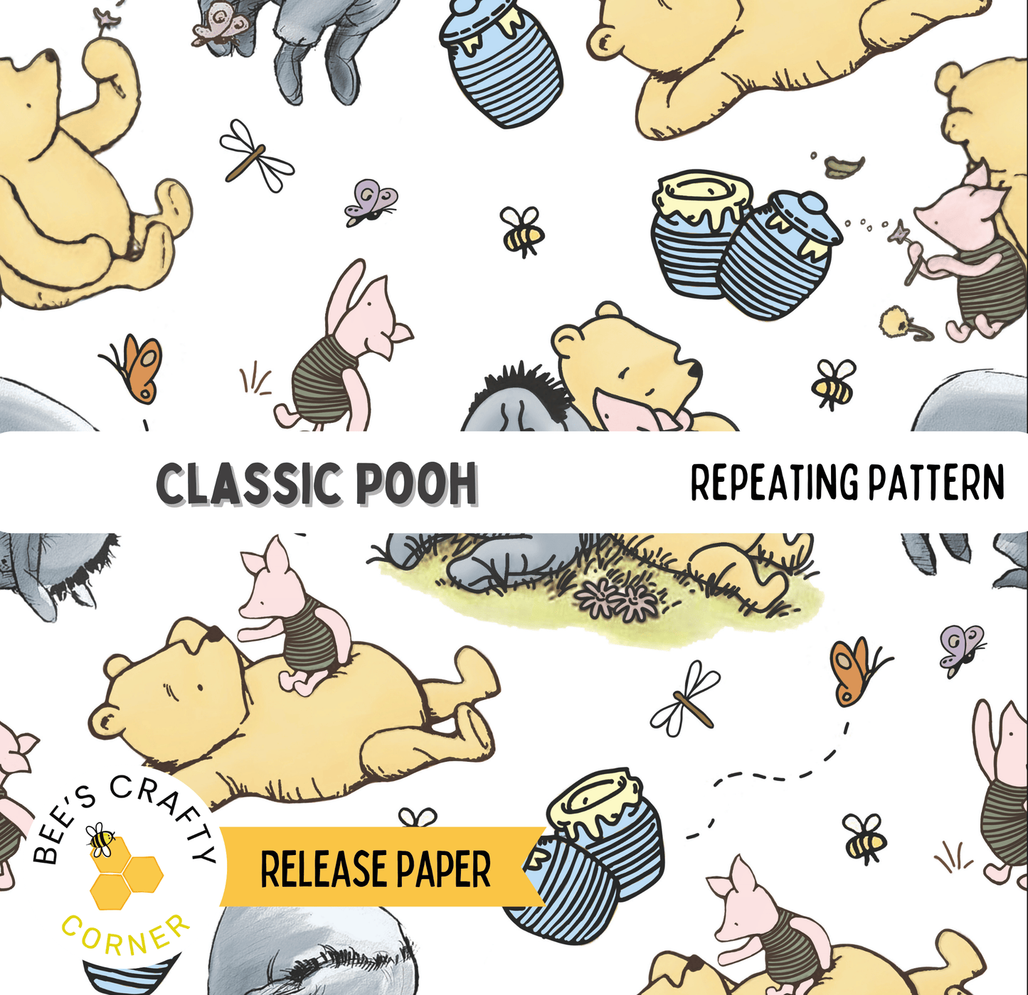 The image is a repeating pattern featuring various Winnie the Pooh characters, including bears, Tigger, and Eeyore, along with honey pots, flowers, and insects.