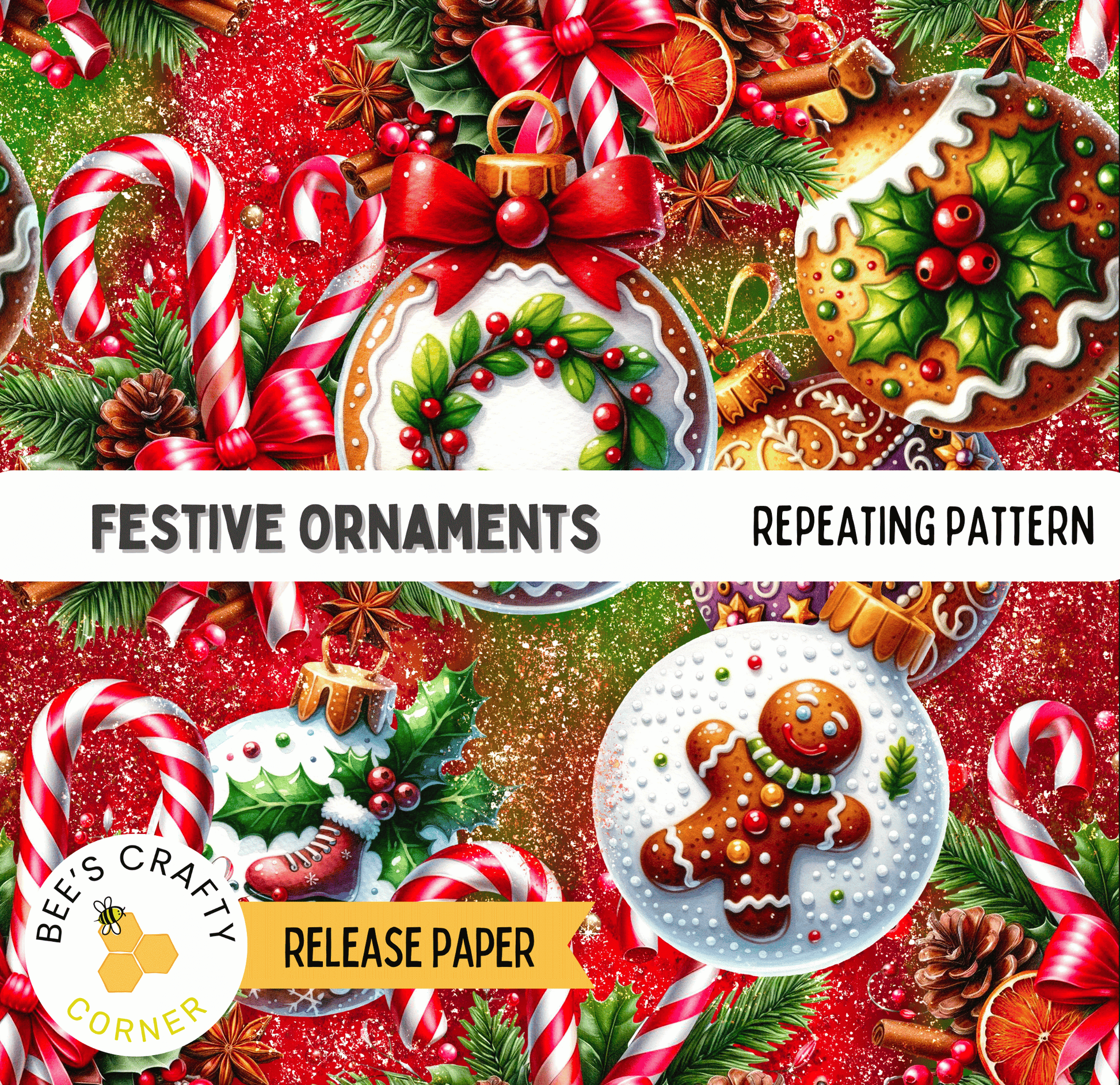 The image is a festive collage of various Christmas ornaments and decorations, including candy canes, gingerbread men, and other holiday-themed items. The text "FESTIVE ORNAMENTS" and "REPEATING PATTERN" are visible, suggesting that the image is a collection of Christmas ornaments with a repeating pattern. The release paper is indicated as "RELEASE PAPER" at the bottom of the image.