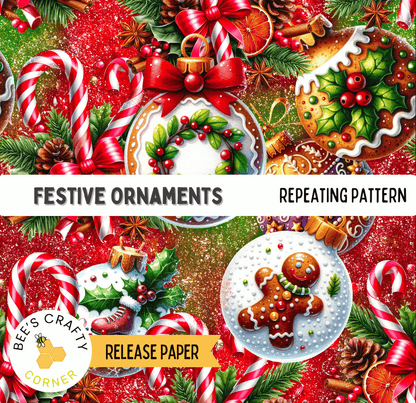 The image is a festive collage of various Christmas ornaments and decorations, including candy canes, gingerbread men, and other holiday-themed items. The text "FESTIVE ORNAMENTS" and "REPEATING PATTERN" are visible, suggesting that the image is a collection of Christmas ornaments with a repeating pattern. The release paper is indicated as "RELEASE PAPER" at the bottom of the image.