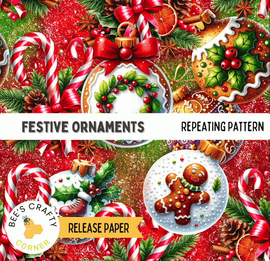 The image is a festive collage of various Christmas ornaments and decorations, including candy canes, gingerbread men, and other holiday-themed items. The text "FESTIVE ORNAMENTS" and "REPEATING PATTERN" are visible, suggesting that the image is a collection of Christmas ornaments with a repeating pattern. The release paper is indicated as "RELEASE PAPER" at the bottom of the image.