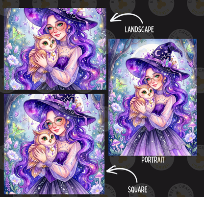 The image is a collage of three pictures depicting a young woman with long purple hair, wearing a purple dress and a purple hat, holding a small owl. The collage is labeled as a landscape and a portrait, and the square image is labeled as a portrait.