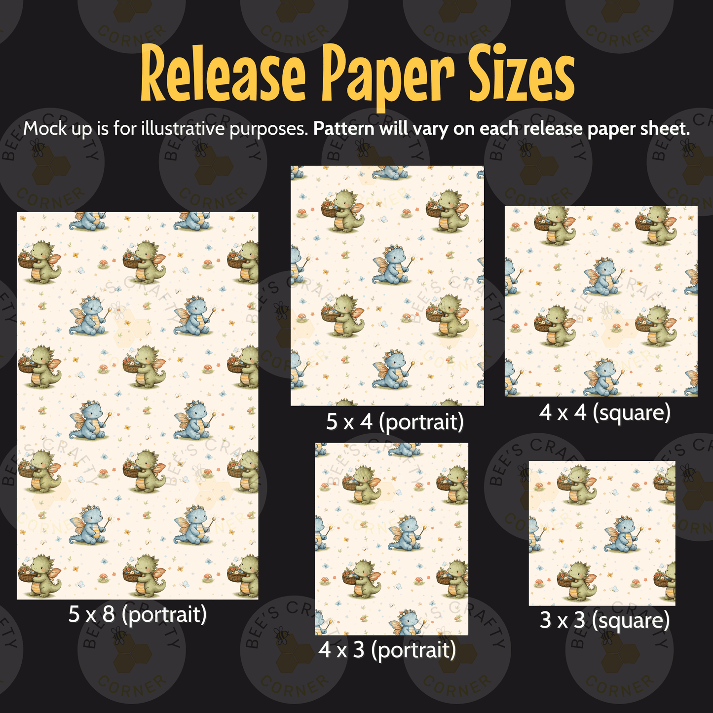 a collection of paper sizes, each featuring a repeating pattern of small cartoon-like creatures, such as dinosaurs or other animals. The sizes vary from portrait to square, and the pattern is consistent across each release. The text indicates that the mock-up is for illustrative purposes and that the pattern will vary on each release paper sheet.