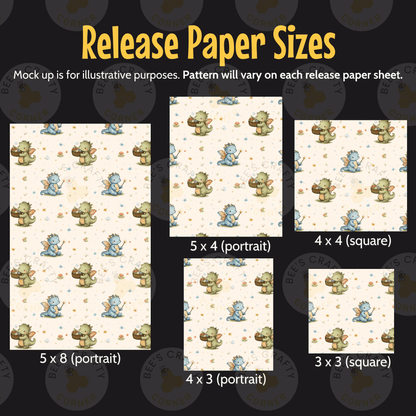 a collection of paper sizes, each featuring a repeating pattern of small cartoon-like creatures, such as dinosaurs or other animals. The sizes vary from portrait to square, and the pattern is consistent across each release. The text indicates that the mock-up is for illustrative purposes and that the pattern will vary on each release paper sheet.