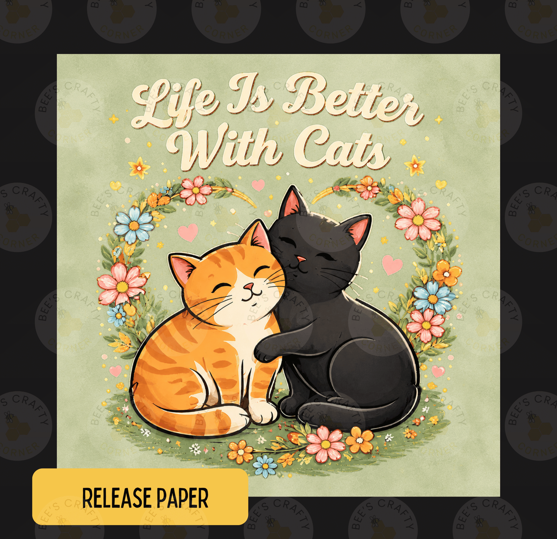 The image is a digital illustration featuring two cats, one orange and one black, sitting together and appearing to be in a loving embrace. The cats are surrounded by a wreath of flowers and leaves, creating a warm and affectionate atmosphere.