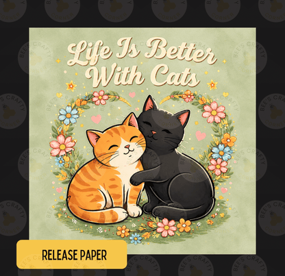 The image is a digital illustration featuring two cats, one orange and one black, sitting together and appearing to be in a loving embrace. The cats are surrounded by a wreath of flowers and leaves, creating a warm and affectionate atmosphere.