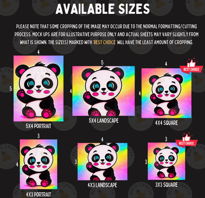 six different sizes of panda bear illustrations, each with a unique color scheme and style. The sizes range from 5x4 portrait to 4x3 landscape, and 3x3 square. The panda bears are depicted in various poses, such as sitting, waving, and standing, with each size offering a different perspective and artistic expression.