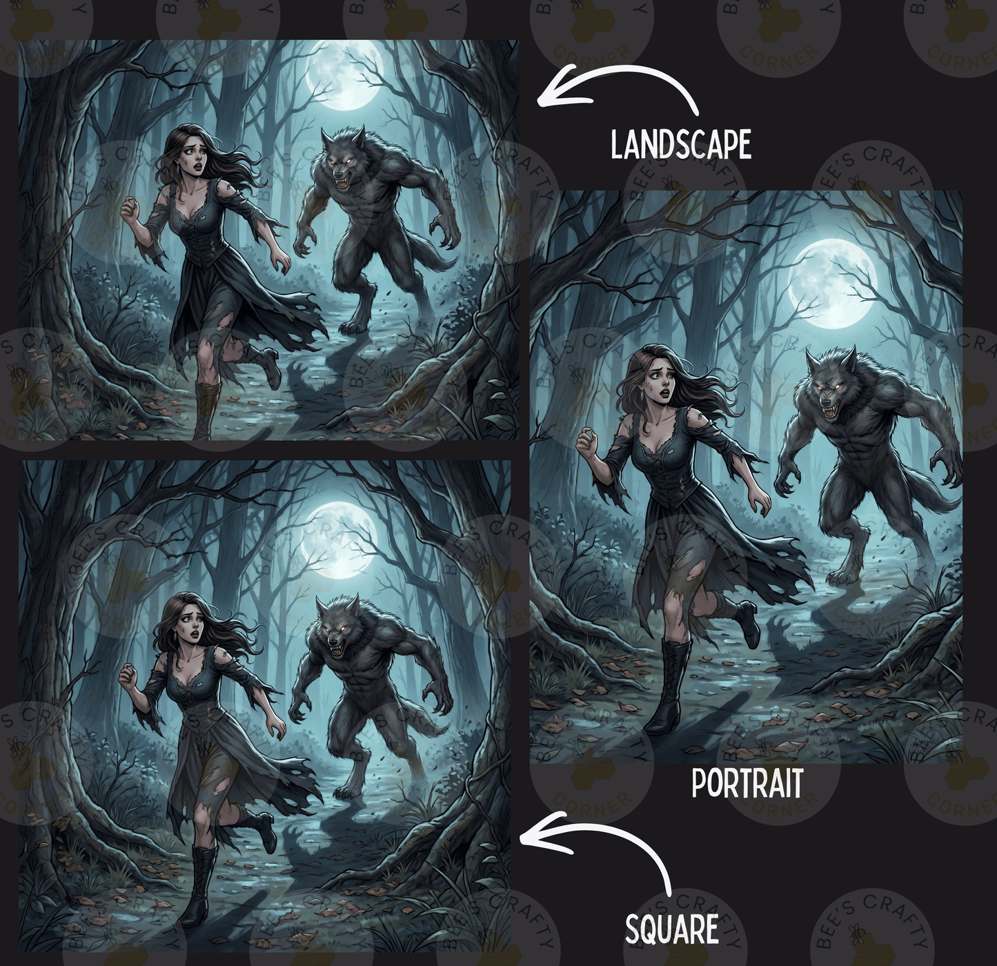 The image is a collage of three images depicting a woman running through a forest with two werewolves. The first image shows the woman and the werewolves in a forest setting, the second image shows the woman and the werewolves in a more detailed portrait-like setting, and the third image shows the woman and the werewolves in a square format.