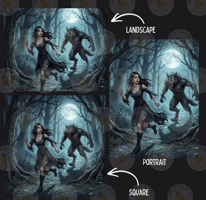 The image is a collage of three images depicting a woman running through a forest with two werewolves. The first image shows the woman and the werewolves in a forest setting, the second image shows the woman and the werewolves in a more detailed portrait-like setting, and the third image shows the woman and the werewolves in a square format.