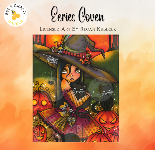The image is a vibrant illustration featuring a young girl dressed as a witch, surrounded by Halloween-themed elements such as pumpkins, bats, and cobwebs.