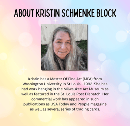 The image is a portrait of a woman with long gray hair, set against a colorful background. The text provides information about the woman, stating that she has a Master Of Fine Art (MFA) from Washington University in St. Louis, has had work in the Milwaukee Art Museum, and has featured in the St. Louis Post Dispatch. Her commercial work has appeared in USA Today and People magazine, as well as several series of trading cards.