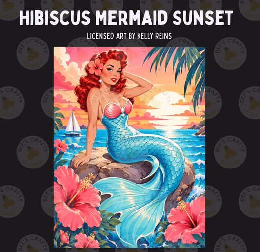 The image is a vibrant illustration of a mermaid with red hair and a blue tail, sitting on a rock and surrounded by tropical flowers and a sunset.
