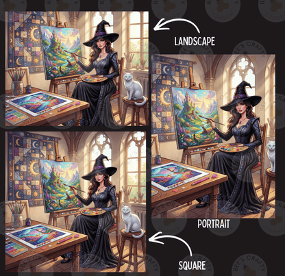 The image is a collage of four images depicting a woman in a witch's hat painting a landscape and a portrait. The collage includes three panels, each showing the woman in different poses and settings.