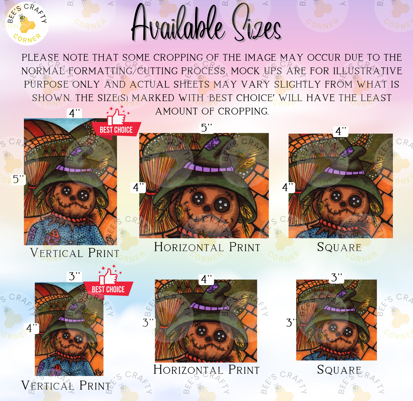 The image is a collection of six different sizes of a Halloween-themed illustration featuring a scarecrow or similar character. The sizes range from 3" to 4" and are labeled with the corresponding size, such as "Vertical Print" and "Horizontal Print". The image also includes a note about cropping and suggests that the actual sizes shown may vary slightly from what is marked on the image.