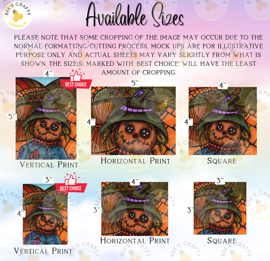 The image is a collection of six different sizes of a Halloween-themed illustration featuring a scarecrow or similar character. The sizes range from 3" to 4" and are labeled with the corresponding size, such as "Vertical Print" and "Horizontal Print". The image also includes a note about cropping and suggests that the actual sizes shown may vary slightly from what is marked on the image.