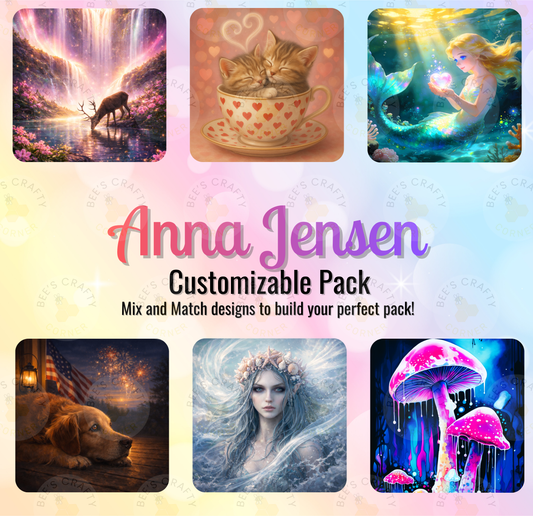 The image is a collage of six different artistic images, each featuring a unique scene or character. The images include a waterfall, a cat in a teacup, a mermaid, a dog, a woman with a flower crown, and mushrooms. The collage is titled "Anna Jensen Customizable Pack" and offers the option to mix and match designs to create a personalized pack.