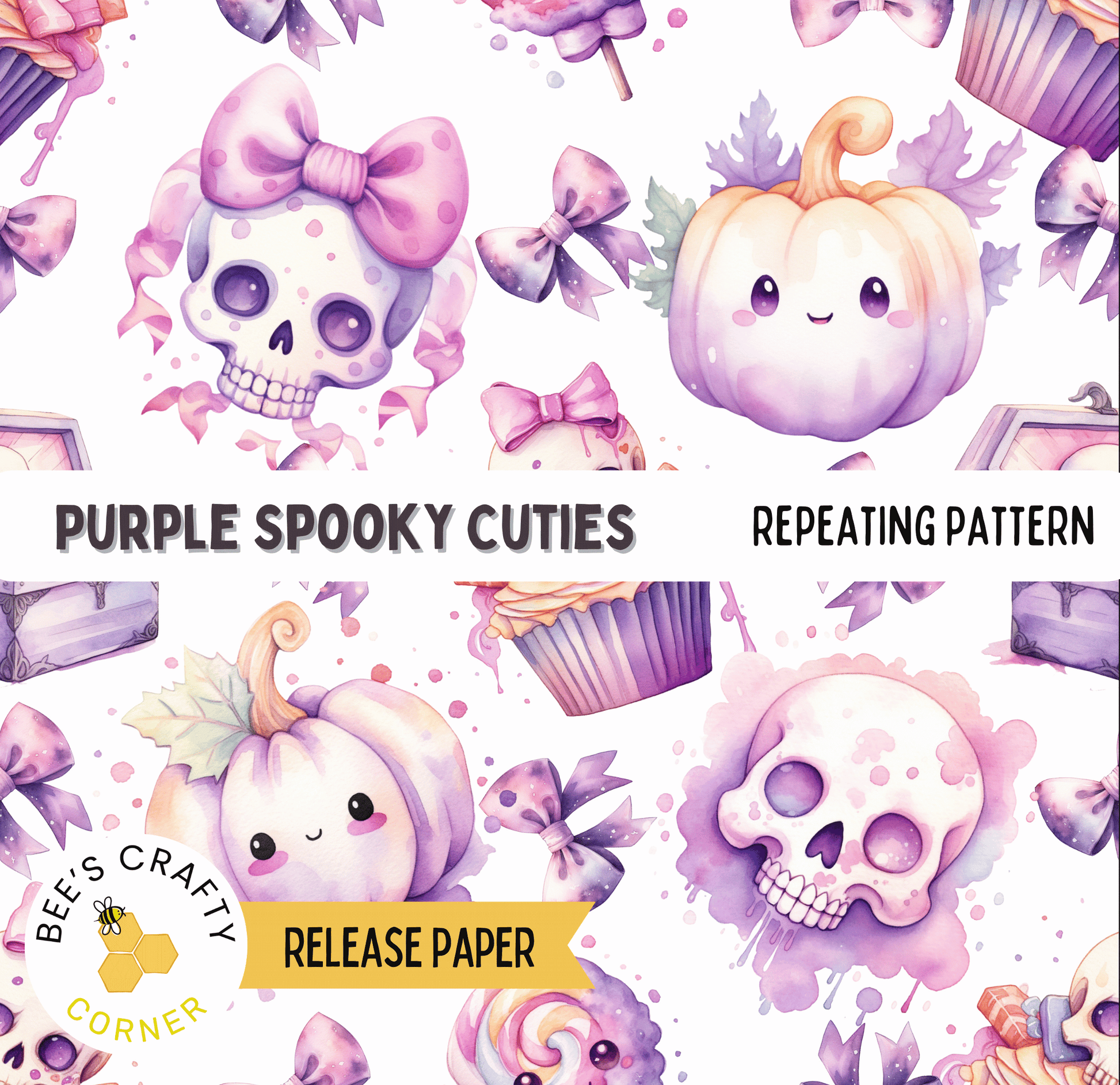 The image is a repeating pattern of purple spooky cuties, including skulls, pumpkins, and other Halloween-themed elements, along with a repeating pattern of purple bows.