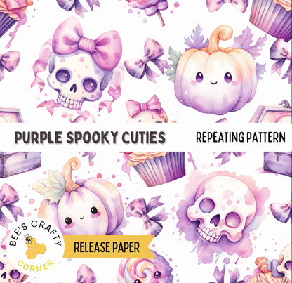 The image is a repeating pattern of purple spooky cuties, including skulls, pumpkins, and other Halloween-themed elements, along with a repeating pattern of purple bows.