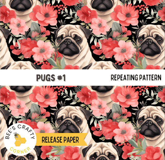 The image is a repeating pattern of pug faces surrounded by pink flowers.