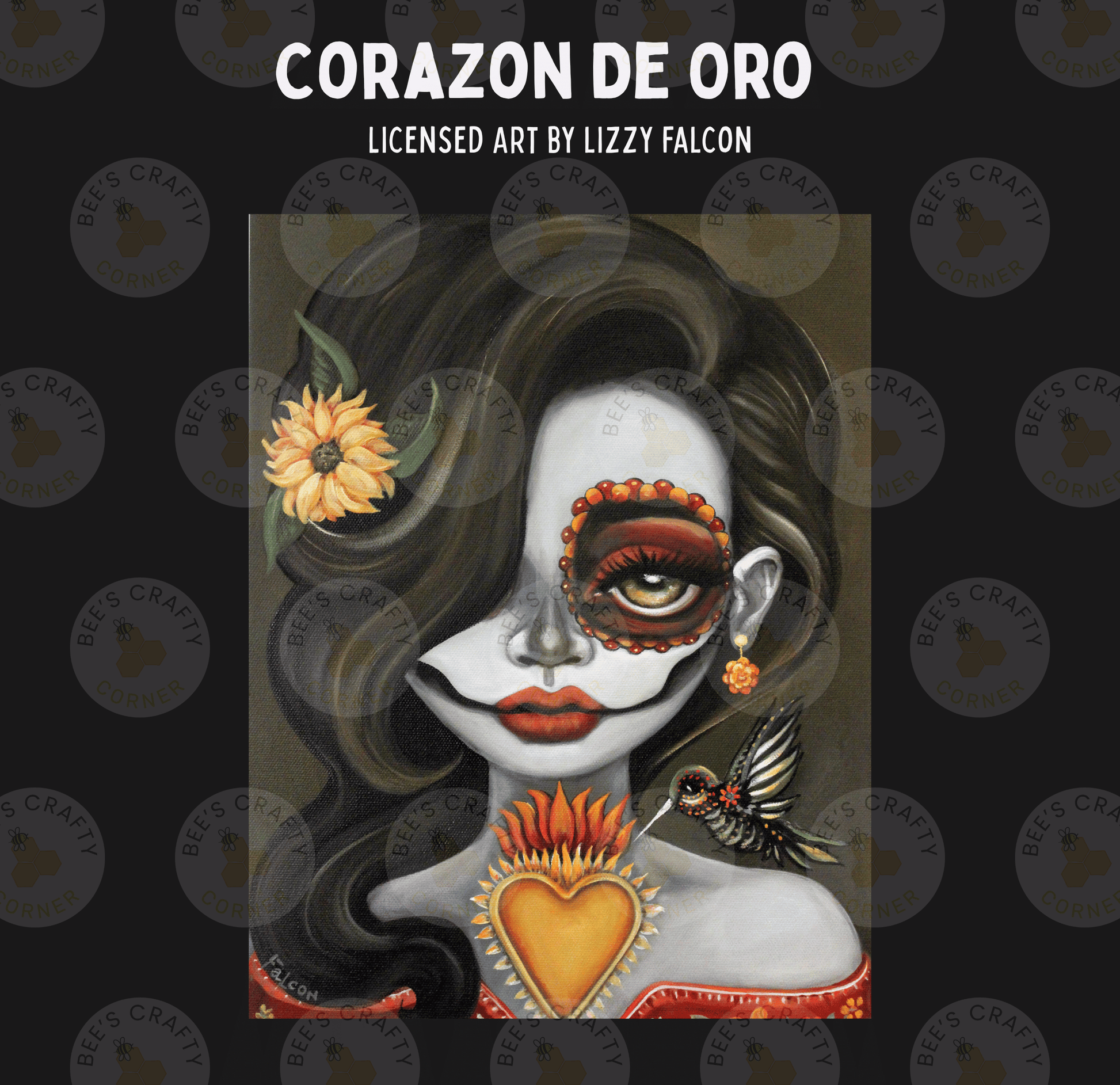 The image is a digital artwork depicting a colorful and intricate Day of the Dead-inspired portrait of a woman with a large eye, a red heart, and a hummingbird.
