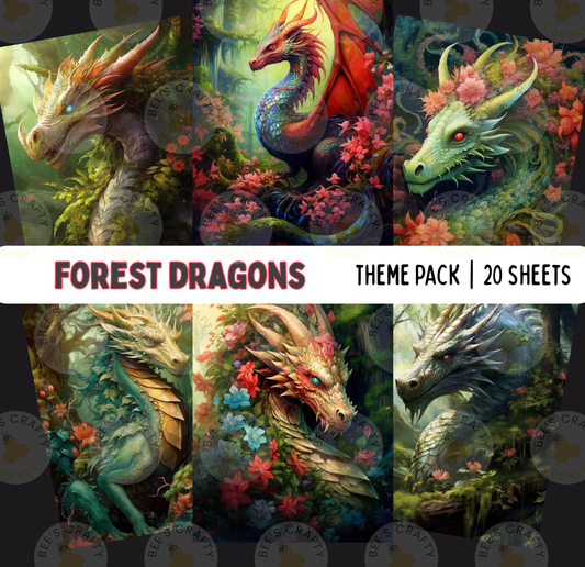 The image is a theme pack of 20 sheets featuring fantastical forest dragons. The dragons are depicted in various vibrant colors and surrounded by lush foliage, flowers, and other natural elements. The pack includes a variety of dragon illustrations, showcasing the diversity and creativity of the artist's work.