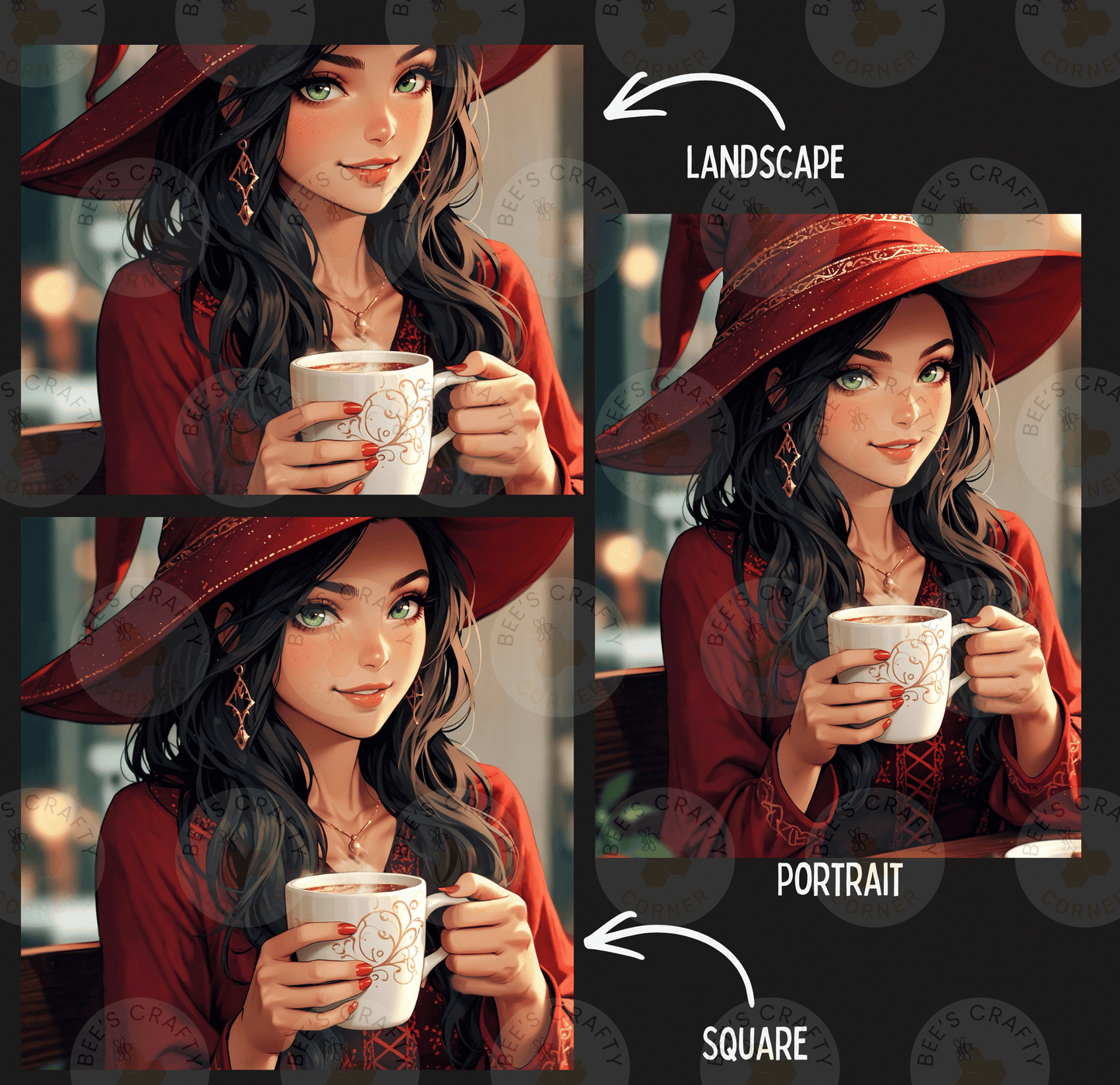 The image is a collage of three images depicting a woman with long dark hair wearing a red hat and holding a white mug. The images are labeled as "Landscape", "Portrait", and " SQUARE".