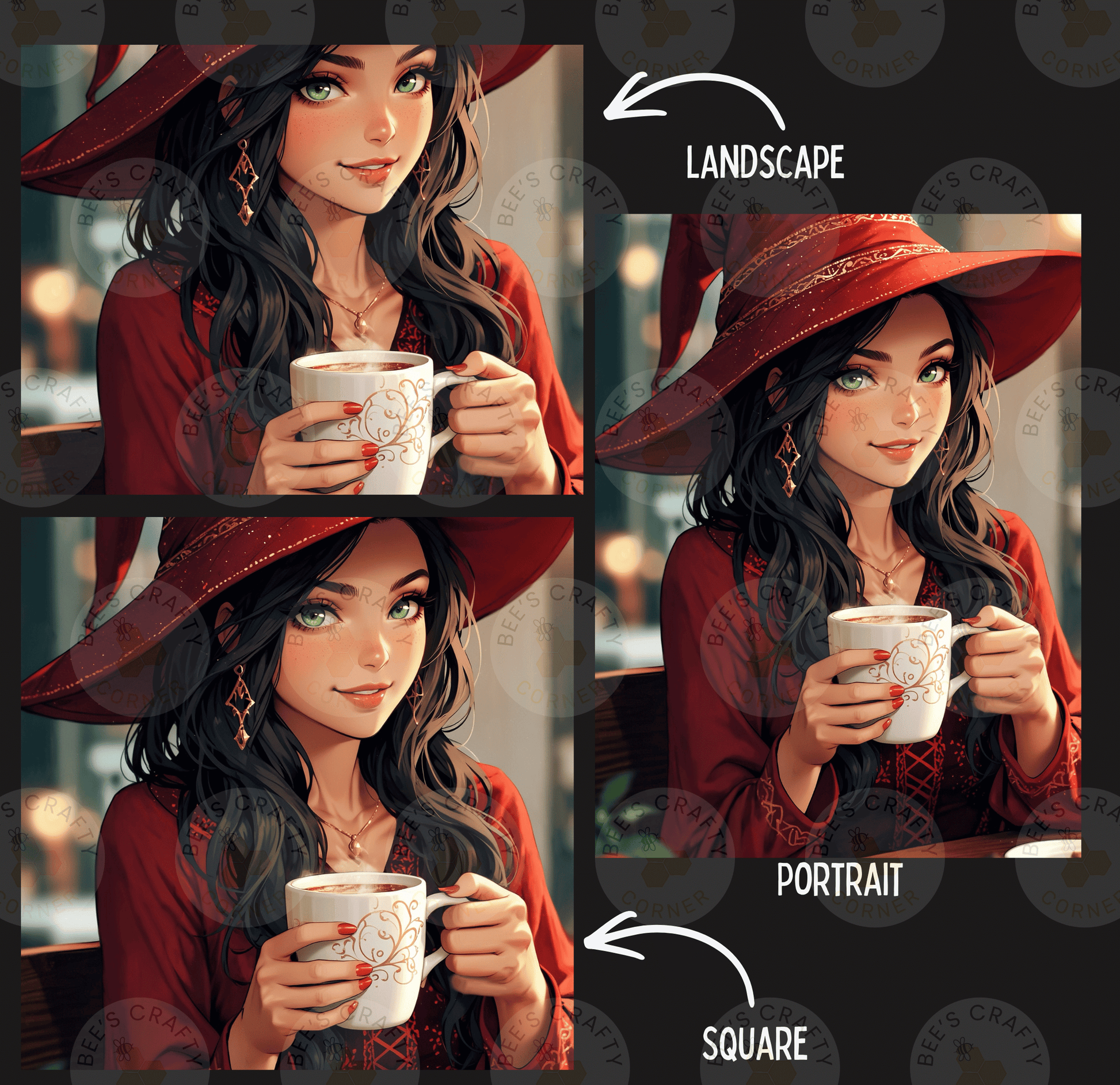 The image is a collage of three images depicting a woman with long dark hair wearing a red hat and holding a white mug. The images are labeled as "Landscape", "Portrait", and " SQUARE".