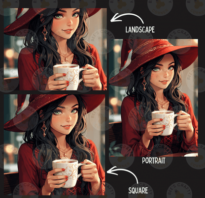 The image is a collage of three images depicting a woman with long dark hair wearing a red hat and holding a white mug. The images are labeled as "Landscape", "Portrait", and " SQUARE".