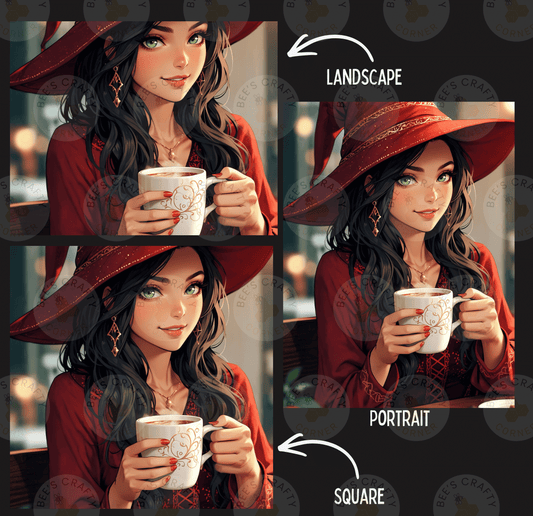 The image is a collage of three images depicting a woman with long dark hair wearing a red hat and holding a white mug. The images are labeled as "Landscape", "Portrait", and " SQUARE".
