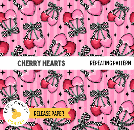 The image is a repeating pattern of pink hearts and checkered bows on a pink background.