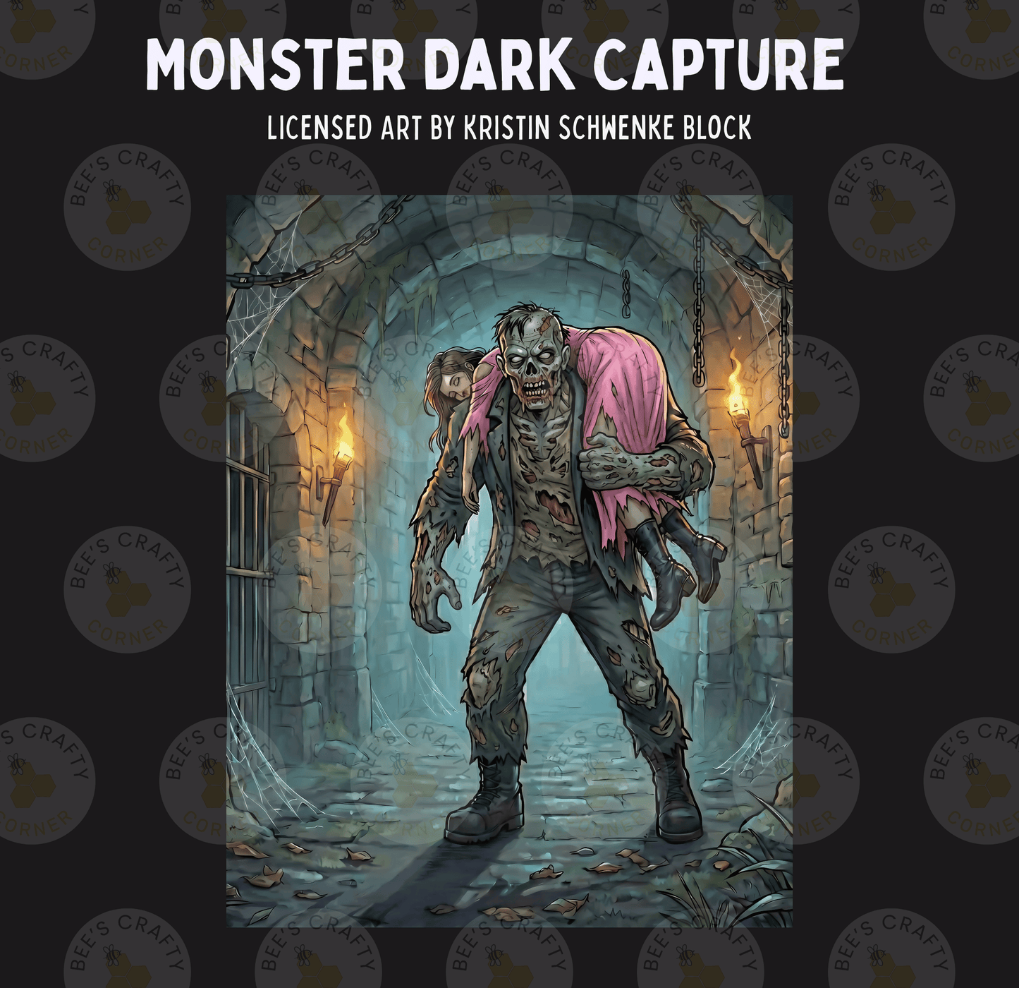 a zombie-like creature with a pink garment, standing in a dark, stone-walled hallway with a web-like structure above.