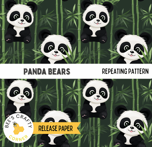 The image is a repeating pattern of cartoon panda bears sitting on bamboo stalks against a green background.